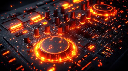 Obraz premium Glowing DJ controller with vibrant orange lights.