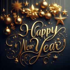 Happy New Year sign with glowing lights and gold baubles, celebratory and festive