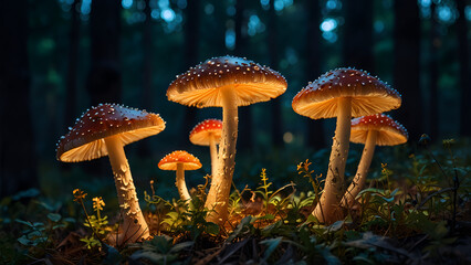 Fototapeta premium AI-generated image of luminous mushrooms in a forest at dusk. stock photo.