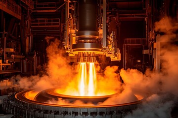 Fierce flames rise from a rocket engine test in a high-tech facility. Generative AI