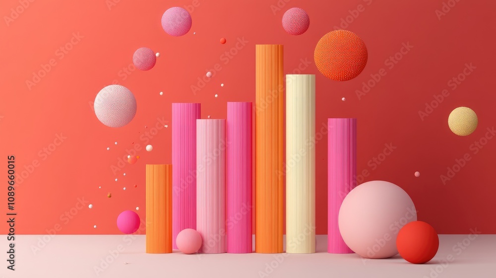 Poster colorful 3d abstract composition with geometric shapes and soft textures against a vibrant red backg