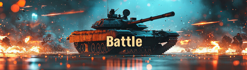 powerful tank stands prominently in dramatic battle scene, surrounded by explosions and smoke, evoking sense of intensity and action
