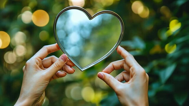 Conceptual for Love and Relationship. Love Yourself. Single Person using Hand to Form a Heart Shape on the Mirror. Video