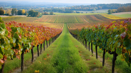 Naklejka premium Lush vineyard landscape with vibrant autumn colors and rolling hills