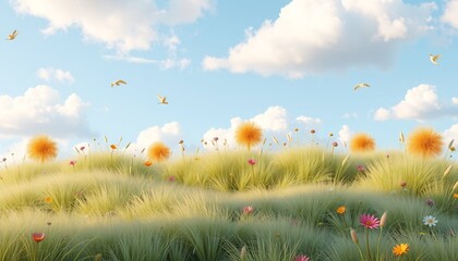 A field of tall grass with a blue sky and fluffy clouds above. There are a few birds flying in the sky. The grass is a vibrant green, and there are colorful flowers scattered throughout the field.