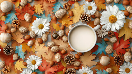 cozy autumn scene with cup of milk surrounded by colorful leaves and flowers