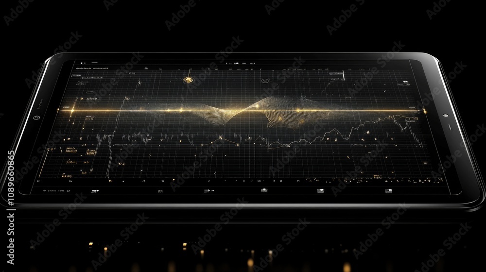 Poster modern technology concept with a tablet displaying data visualization on a dark background for busin