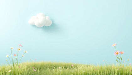 White cloud over grassy field with pink and white flowers.