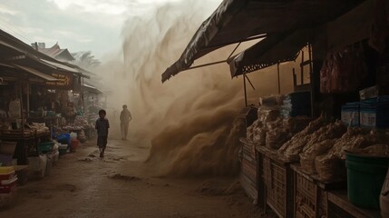 Obraz premium A frame from the video shows dust swirling around an outdoor market stall in Chiang Mai 