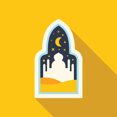 Sticker featuring a mosque silhouette against a night sky with crescent moon, stars, and desert landscape, ideal for islamic or ramadan themes