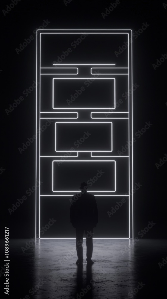 Poster exploring futuristic concepts art installation urban environment minimalist viewpoint digital intera