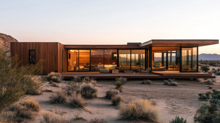 Obraz premium Modern desert home at sunset with large glass windows and wooden exterior surrounded by arid landscape