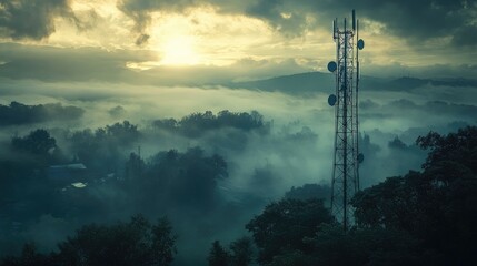 Serene Landscape with Communication Tower Overlooking Foggy Valley at Dawn, Capturing the Tranquil Beauty of Nature&rsquo;s Early Light Amidst Rising Mist