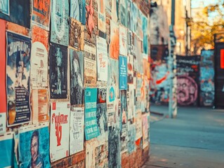 Fototapeta premium Urban Wall Collage of Posters and Advertisements in Vibrant Colors, Showcasing Artistic Street Culture
