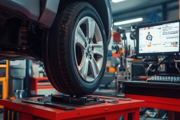 Fototapeta premium Car wheel centering machine adjustment. Auto service mechanic installing wheel alignment sensor on tire during vehicle suspension alignment adjustment