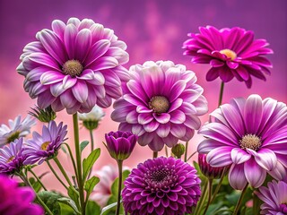 Obraz premium Vibrant purple and white flowers elegantly arranged on a soft pink background, creating a stunning visual harmony ideal for floral design and artistic inspiration.