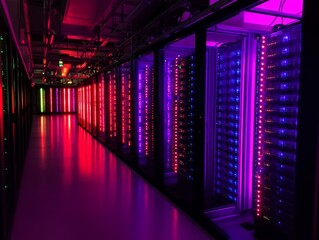 Illuminated Data Center Aisle with Colorful Lights and Server Racks
