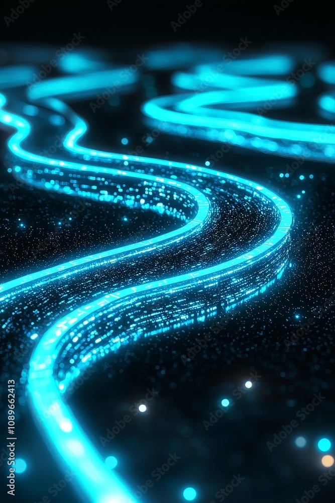 Poster illuminated flowing lines abstract digital art futuristic concept dark environment close-up view cre