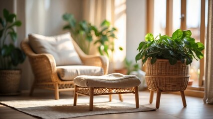 Fototapeta premium Cozy living room with natural light, plants, and comfortable seating arrangement
