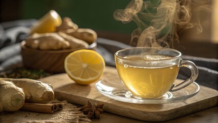 Ginger tea with lemon and honey on ceramic plate
