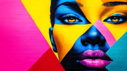 Vibrant street art mural featuring a colorful abstract depiction of a woman's face using bold geometric shapes and vivid hues.