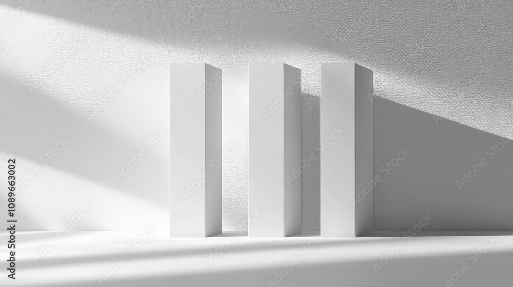 Aufkleber minimalist display of three white rectangular columns casting shadows on a light gray background in 