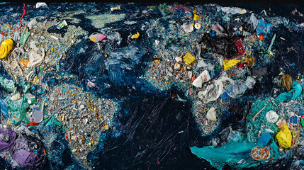 A detailed world map creatively made from ocean pollution, highlighting the impact of plastic waste...