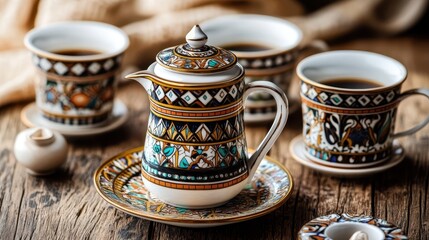 Fototapeta premium A beautifully crafted Saudi coffee set is displayed on a wooden table, reflecting cultural warmth
