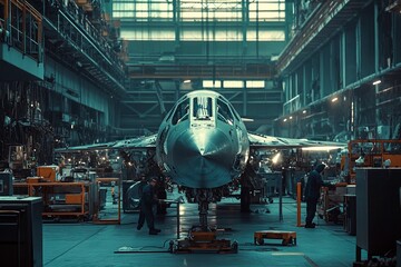 Workers repair a military aircraft in a bustling hangar during late afternoon. Generative AI