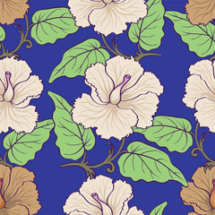 Multicolor tone solid abstract small chrysanthemum flower and big hibiscus with dark tosca color background, all over illustration digital image