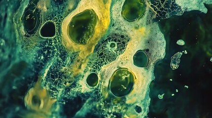 Abstract green and yellow fluid art with organic shapes and textures.
