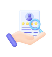 3D Hand is holding CV card illustration. Candidate questionnaire checklist for vacancy. Job search, human resources.