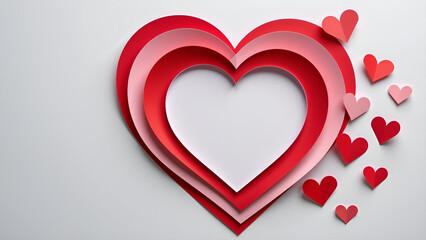 Layered paper hearts in various shades of red and pink with smaller hearts scattered around for Valentine's Day