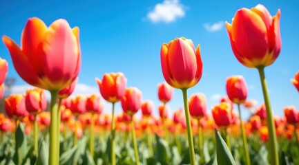 Vibrant tulip field under blue sky