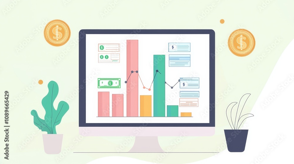 Poster analyzing financial trends with charts and graphs home office digital illustration modern workspace 