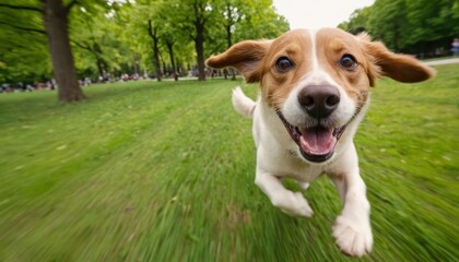 dog in the park, happy puppy running, lovely pet