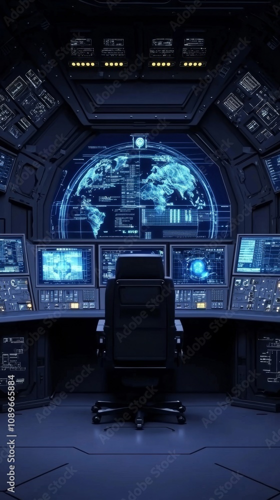 Poster advanced control room operations futuristic space digital interface technology high-tech environment