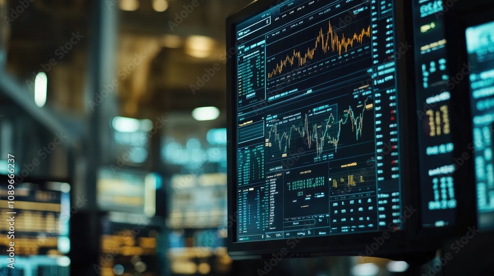 Poster advanced financial trading screen with dynamic stock market data displaying charts, graphs, and nume