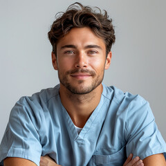Obraz premium Portrait of a doctor in blue uniform Medical protective clothes on hospital background isolated. Male young intern man . Healthcare avatar icon. Dentist professional