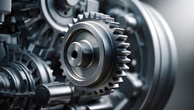 Detailed close-up of a metallic gear in a mechanical assembly showcasing industrial design