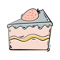 Birthday cake slice. Sweet holiday bakery. Pastry fruit, berry dessert. Vector hand drawn flat cartoon illustration