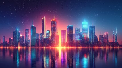 Obraz premium Neon Cityscape Reflecting In Water Under Starry Night