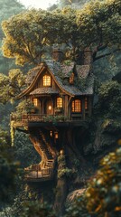 Fototapeta premium Massive abandoned treehouse with weathered wood textures and mystical appeal