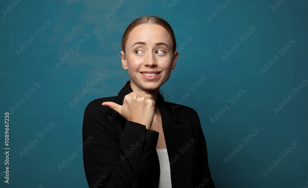 Wall mural smiling cheerfully and casually pointing to copy space on the side, feeling happy and satisfied