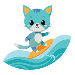 Adorable Cat Surfing on Sea | Cute Feline Enjoying Waves on White Background