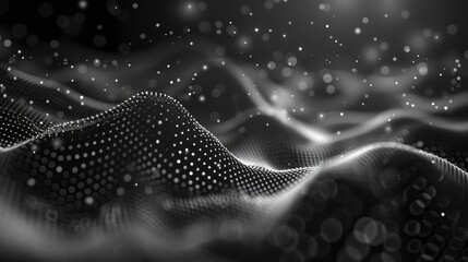 Digital black and silver abstract background. Various particles shining dots stars, energy flow, internet, connections.