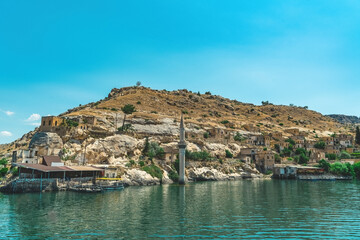 Halfeti Sunken Minaret. The view of the minaret that remained from the city that sank as a result of rising water. Touristic tours are organized.