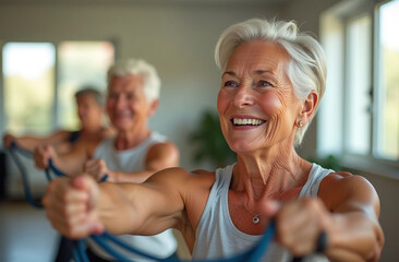Obraz premium Portrait of happy senior woman exercising with friends in fitness class at home