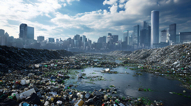 Vast urban landfill filled with waste, juxtaposed against a modern skyline, symbolizing environmental degradation in cities.