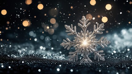 A close-up of a snowflake surrounded by shimmering lights on a dark background.
